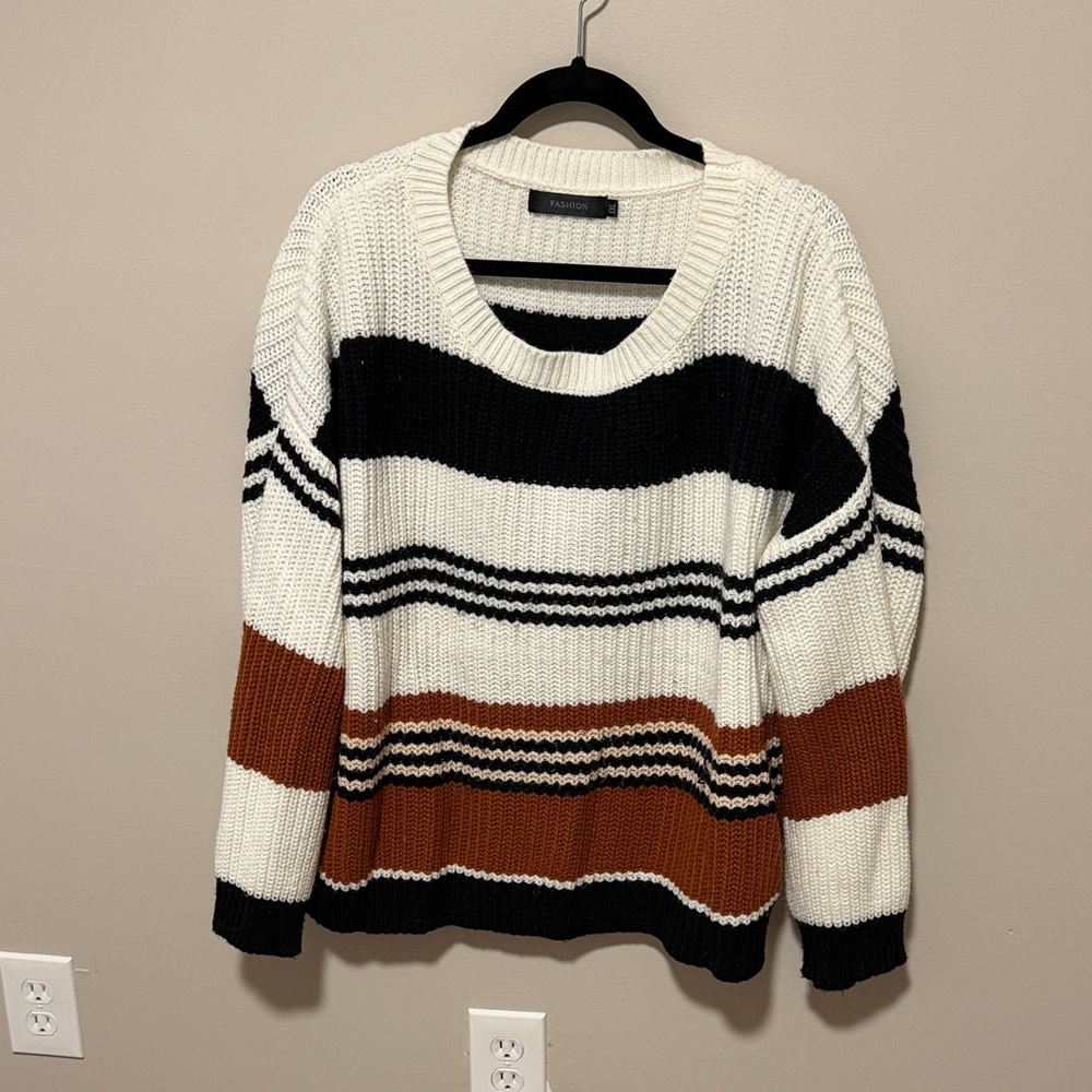 Striped Crewneck Sweater - White, Black & Brown